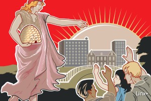 Centraal beeld van de expo Samen Solidair de strijd voor onze sociale zekerheid gisteren en vandaag