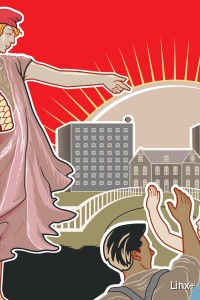 Centraal beeld van de expo Samen Solidair de strijd voor onze sociale zekerheid gisteren en vandaag