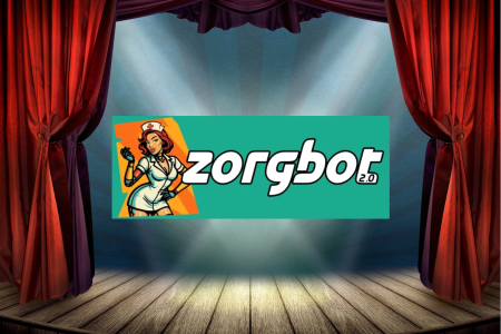 Podium met rode gordijnen. Titel toneelstuk 'Zogbot 2.0.' in het midden.